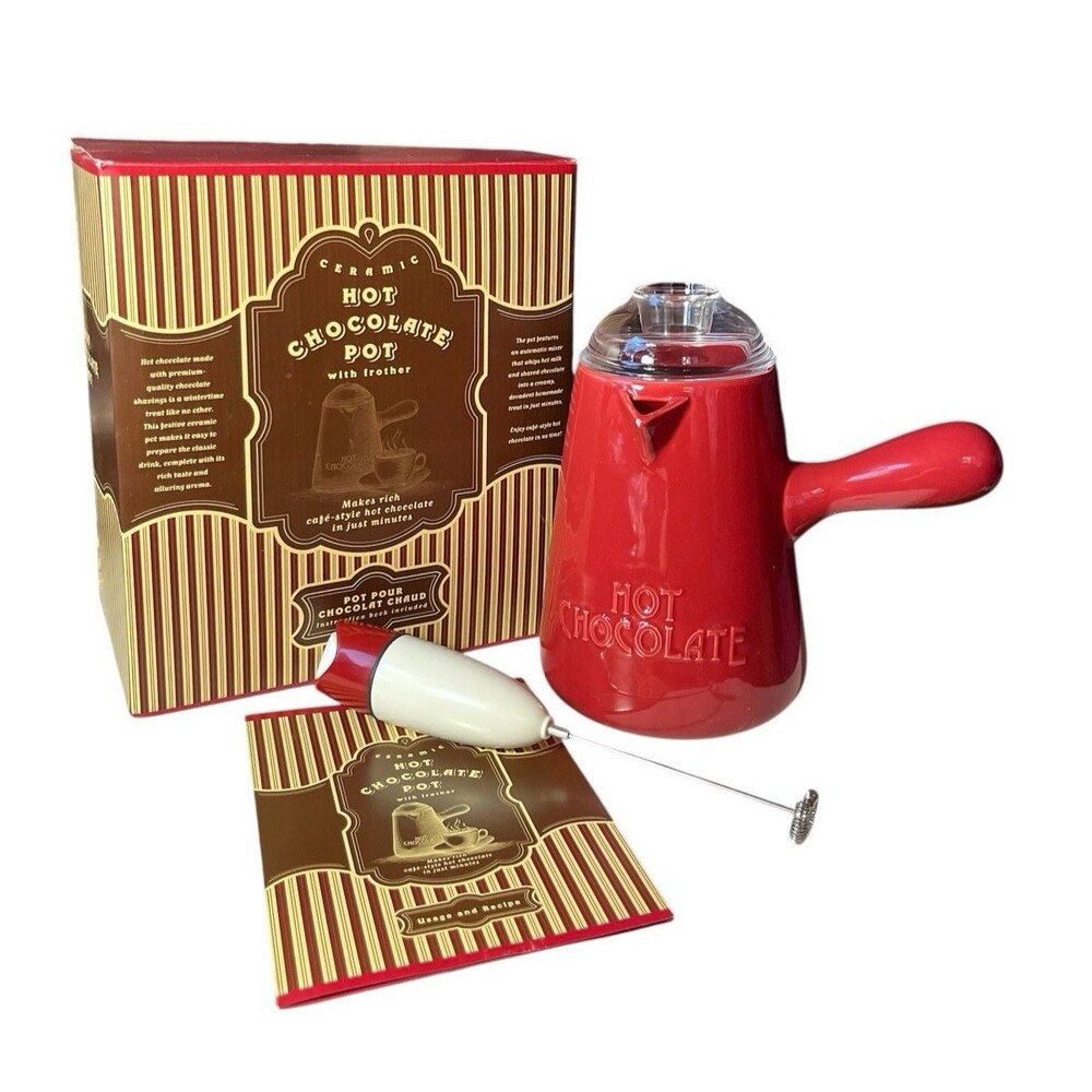 William Sonoma Ceramic Hot Chocolate Pot Red Foam Frother Mixer Recipe Book READ